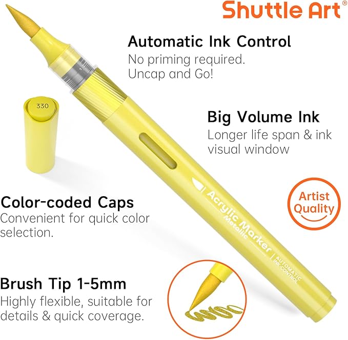Automatic Ink Control Acrylic Paint Markers, Shuttle Art 24 Metallic Colors Brush Tip Acrylic Paint Pens for Rock Painting, Ceramic, Wood, Canvas, Glass, Stone, Fabric, Card Making, DIY & Art Supplies