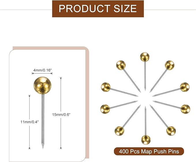 uxcell 400 Pcs Push Pins, Map Thumb Tacks 4mm Round Head Decorative Push Pins for Bulletin Board Home Office Travel Wall DIY Crafts Map Photo, Gold