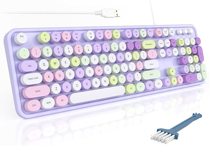 MOFII Colorful Computer Keyboard Wired, Cute Full Size Keyboard Typewriter Style, USB Keyboard with Foldable Stands for Windows, Laptop, Desktop, PC (Purple Colorful)