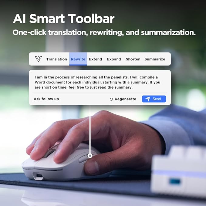 Virtusx AI Mouse, Jethro V1 – AI Voice & Audio Recorder, Note Taking Mouse for Computer & Laptop with Centralized AI Software, AI Writing Tools, Voice Typing, Transcribe, Translate & Summarize