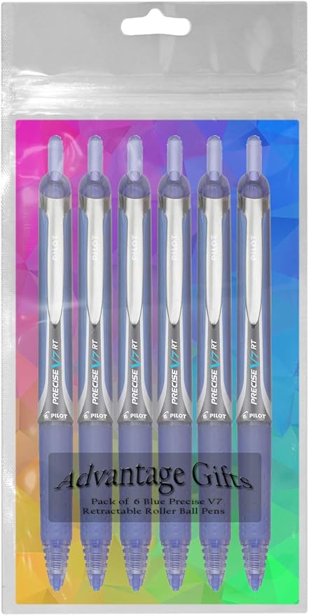 Precise V7 RT Retractable Rolling Ball Pens, Fine Point (.7mm), Blue Ink, 6-pk; Premium Comfort Grip, Bundle with Plastic Reusable Pouch