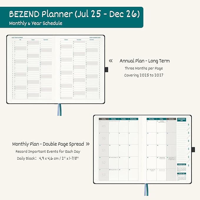 BEZEND Weekly Planner 2025-2026 with 2 Columns, 8.5" x 11" Academic Calendar 18 Months (Jul 25-Dec 26) Life Work Appointment Book with Monthly Tab, PU Leather Hardcover - Evergreen