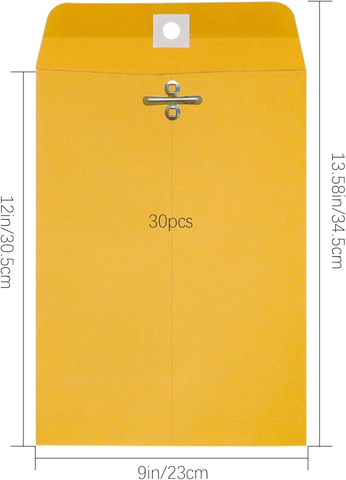 9” x 12” Clasp Envelopes with Gummed Seal Brown Pack of 30