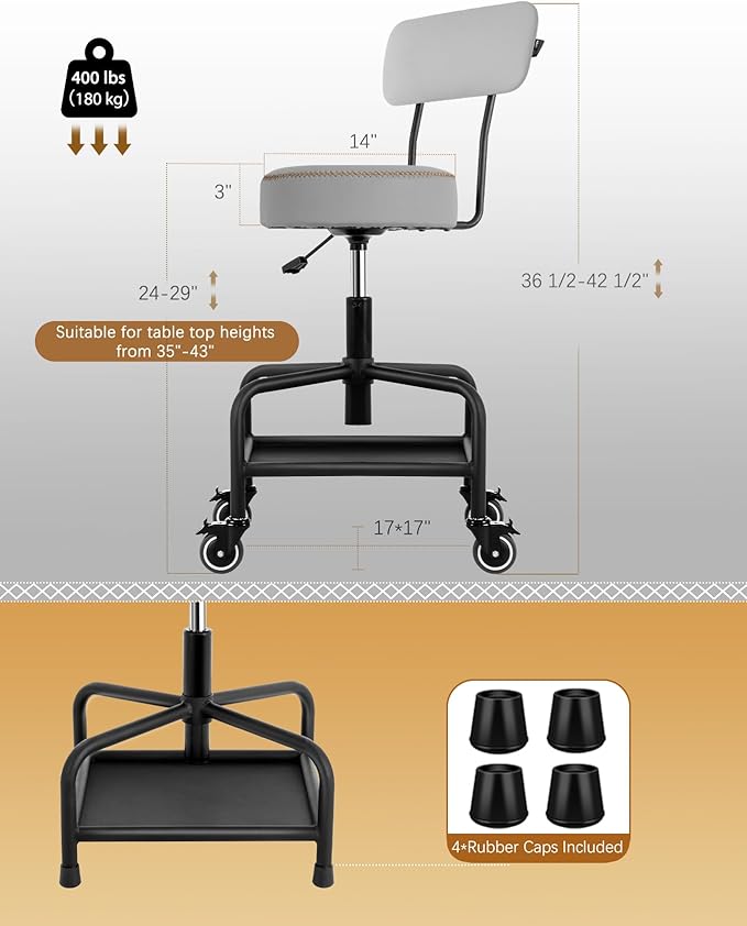 Shop Stool with Lockable Rubber Wheels Adjustable Backrest Tool Tray Storage 400 lb Capacity Rolling Garage Stool (Grey)