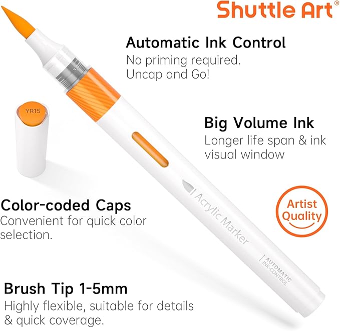 Shuttle Art Automatic Ink Control Acrylic Paint Markers, 36 Colors Brush Tip Acrylic Paint Pens for Rock Painting, Ceramic, Wood, Canvas, Glass, Stone, Fabric, Card Making, DIY & Art Supplies