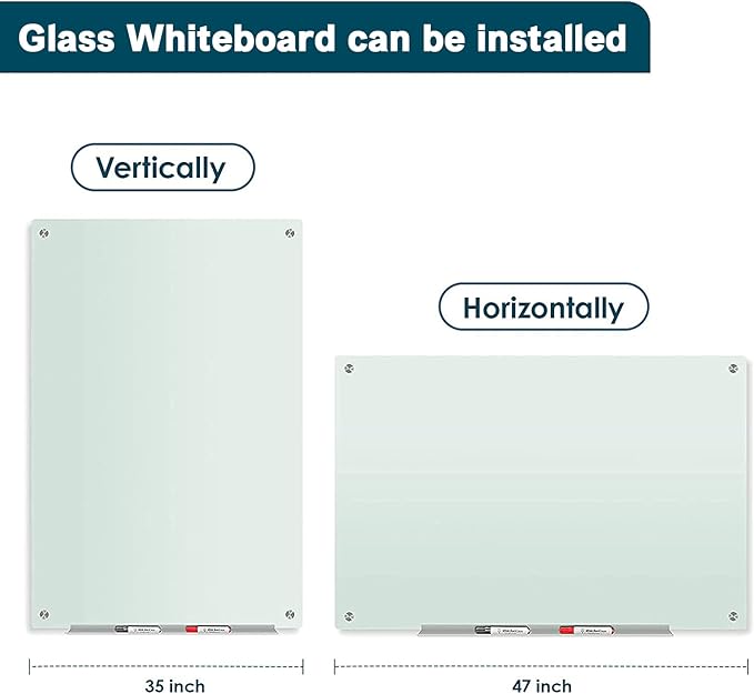 J&J worldwide Glass Whiteboard 47 x 35, Frosted Glass Dry Erase Board Non-Magnetic, Semi-Transparent, Includes Markers, Marker Tray, Eraser for Wall, Office, Home, School