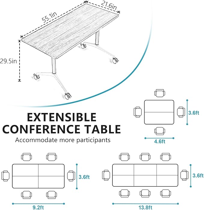 Conference Room Table, Folding Conference Tables,Thicken Grey Tabletop,Flip Top Wooden Seminar Meeting Room Table for Conference Room Offices (2, White, 55.1”)