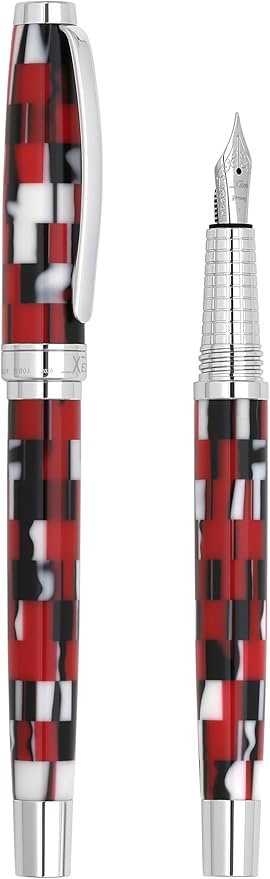 Xezo Urbanite II Fountain Pen, Fine Nib. Sporty Red, Black, and White Checkered Acrylic on Brass. Chrome Plated. Handcrafted, Limited Edition, Serialized