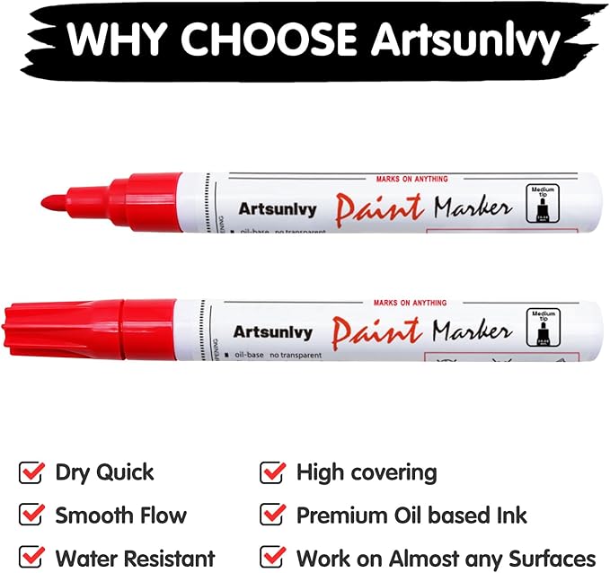 Red Permanent Paint Markers - 2 Pack Oil-Based Medium Tip,Waterproof Quick Dry Paint Pens for Metal,Rock,Wood,Fabric,Plastic,Canvas,Glass, Mug