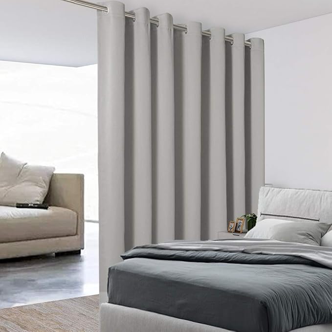 BONZER Room Divider Curtain Total Privacy Wall Extra Wide Grommet Room Darkening Curtains for Patio Sliding Glass Door, 96L x 120W Inch (8L x 10W ft), 1 Panel, Silver