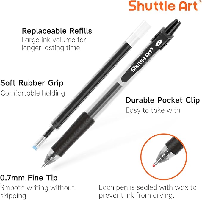 Shuttle Art Black Gel Pens, 48 Pack(20 Pens with 28 Refills) Retractable Medium Point Rollerball Gel Ink Pens Smooth Writing with Comfortable Grip for Office School Home Work