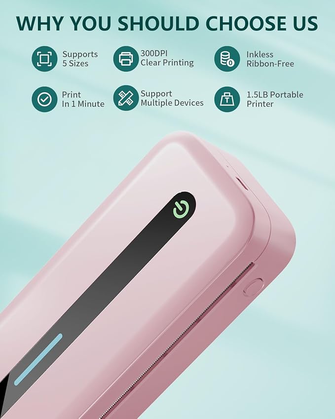 COLORWING Portable Printers Wireless for Travel, 300DPI Mini Compact Inkless Printer, Thermal Bluetooth Printer Compatible with Android and iOS Smartphone & Tablet & Laptop - Pink
