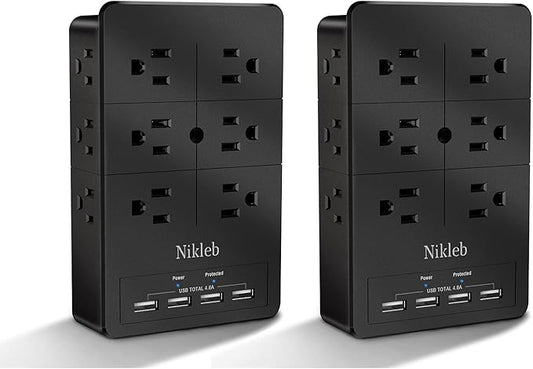 Surge Protector Nikleb, Wall Outlet with 4 USB Ports 5V 4.8A Total, 12 Multi Outlet Extender, Multiple USB Plug Adapter Wall Mount, Phone Chargier Organizer with Phone Holder, Heavy Duty