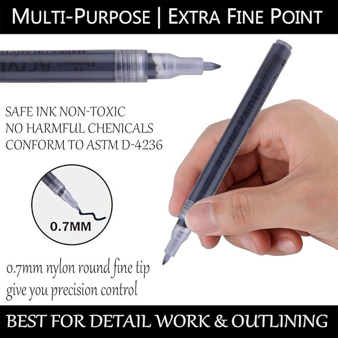 NAWOD Paint Pens White Black Acrylic Marker 6 Pack, Acrylic Permanent Marker, White Paint Pens for Rock Ceramic Wooden Leather Glass Painting Metal Tire, 0.7mm Extra Fine Point Quick Drying