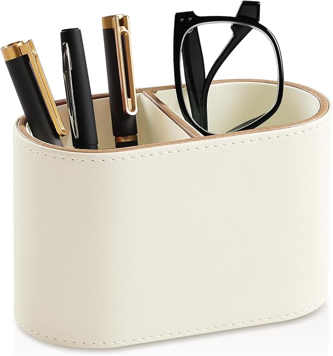 PU Leather Pen Holder for Desk, Small Remote Control Holder Pencil Cup Multifunctional Desktop Organizer Caddy for Home School Office Desk Accessories - 2 Compartments (Beige)