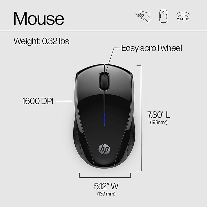 HP X3000 G3 Wireless Mouse - Black, 15-Month Battery, Side Grips for Control, Travel-Friendly, Blue LED, Powerful 1600 DPI Optical Sensor, Compatible with Wins PC/Laptop, Mac, Chromebook (683N7AA)
