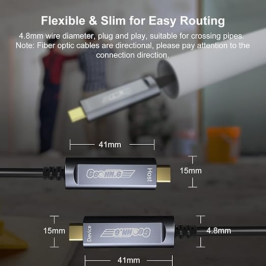 USB C to C Fiber Optic Extension Cable 15M/50FT, USB 3.2 10Gbps Long Distance Active Optical USB C GEN2 Cable for VR/AR, Quest2, Webcam, Camera, Mini PC and More - Grey