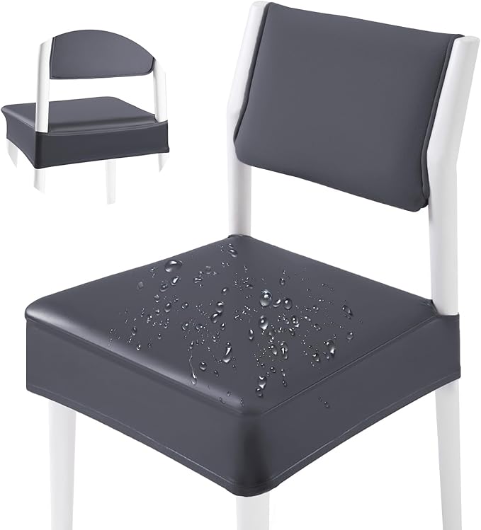 CWK Waterproof PU Leather Dining Chair Covers Set of 1-Stretchable Chair Seat Slipcovers, Removable & Washable Protector for Dining Room,Home,Office,Wedding,Rear Covers (PU-Grey)