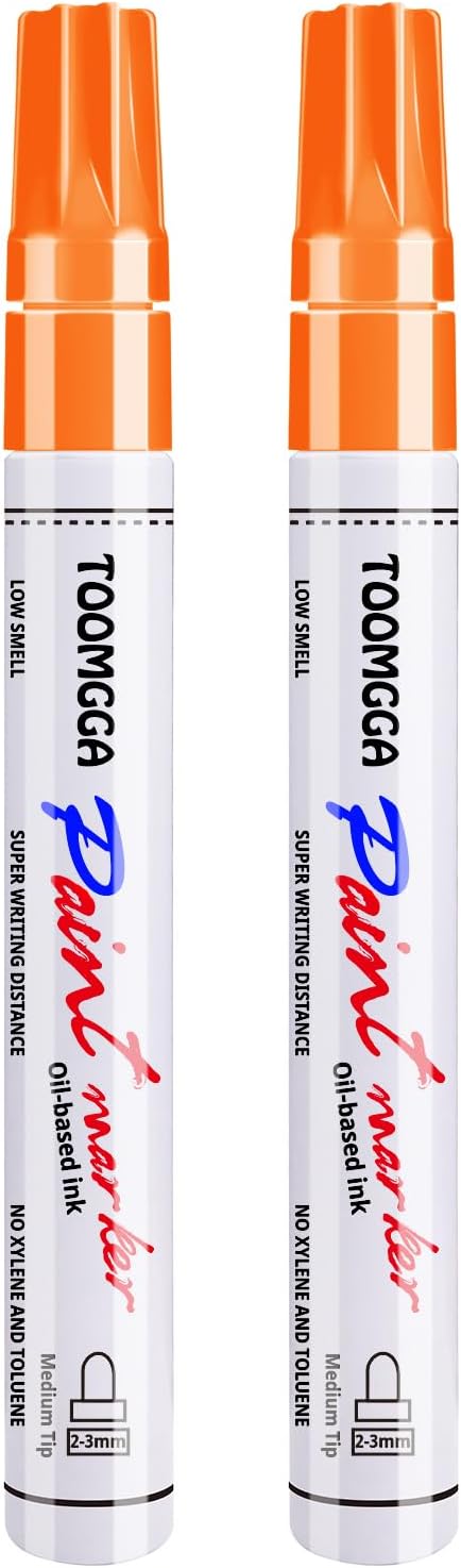Orange Permanent Paint Pens - 2 Pack Oil Based Paint Markers, Pens for Rock Painting Car Tyre Metal, Plastic, Canvas, Mugs, Wood, Glass, Quick Drying and Waterproof, Medium Point