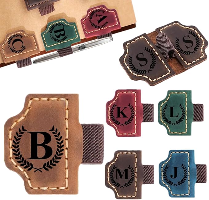 Custom Bookmark with Pen Holder with 26 Letters Personalized Magnetic Leather Book Mark, Customized Name Book Marker Clip with Initial for Men Women, Gifts for Book Lovers, Readers, (Brown, B)