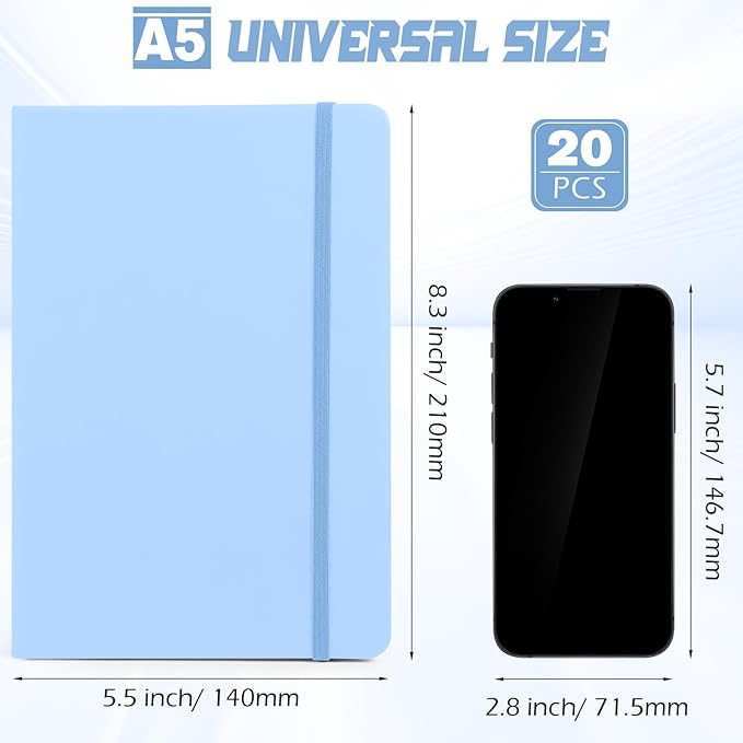 Honoson 20 Pack Lined Journal Notebooks A5 Hardcover Executive Notebook 5.5" x 8.3" PU Leather Wide Ruled Journals Bulk with Elastic Band for Home Business Office School Supplies(Light Blue)