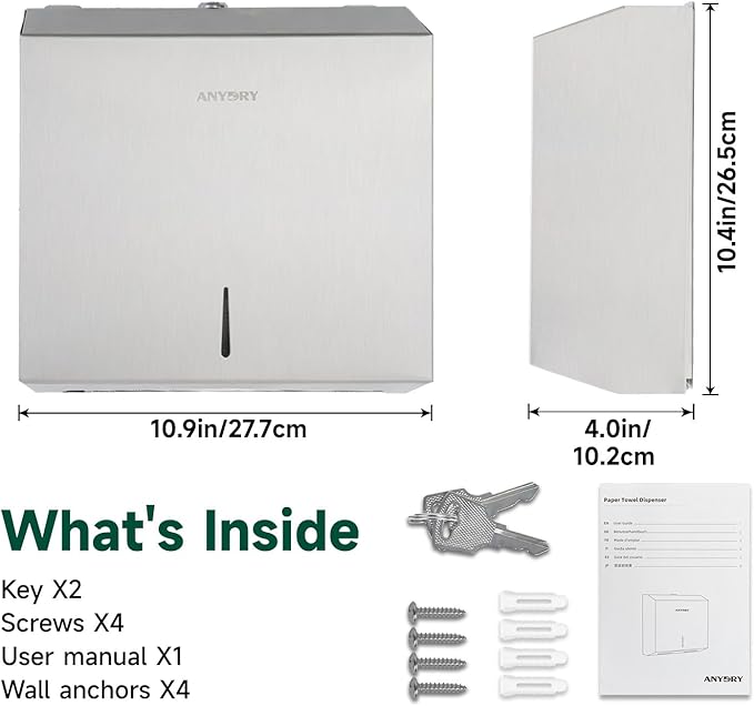 Wall Mount Paper Towel Dispenser 250-Sheet Capacity Brushed Stainless Steel Lockable Fits Multifold/Z-Fold Towels (Folded Size ≤ 10.6" x 3.9")