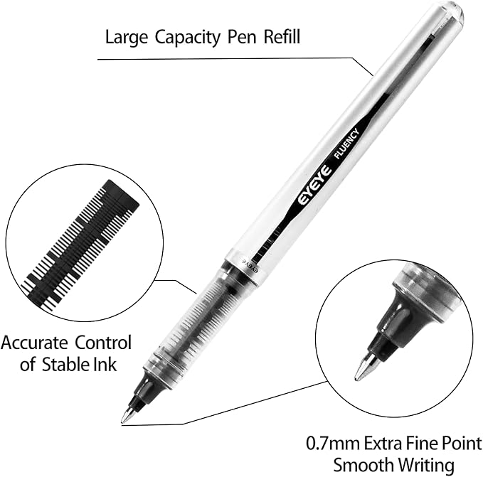 EYEYE 0.7mm Rollerball Pens Fine Point, 6 Pack of Pen Black Roller Ball Medium Point Quick Dry, Liquid Ink Pen Fine Point Smooth Writing Pens for Journaling, Note Taking, Office, School Supplies