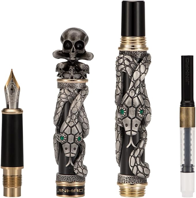 Jinhao Black Snake Fountain Pen Medium Nib Retro Style with Skull Head Solid Metal and Paper Pen Case Set