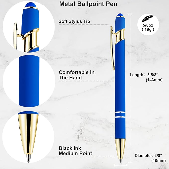 LINFANC 12 Pack Blue Gold Ballpoint Pen with Stylus Tip, 1.0 mm Black Ink Smooth Writing Pens, Metal Stylus Pens for Touch Screens