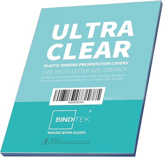 Binditek 100 Pack 5 Mil Clear Binding Covers, Ultra Clear, 8.5 x 11 Inches, Letter Size, Square Corners, Un-Punched, Office Supplies