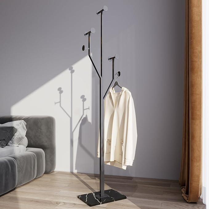 Sturdy Coat rack,Coat tree freestanding heavy duty with Marble Base,Metal standing coat rack for Bedroom,Entrance,Modern clothes hanger stand for Coats,Hats,Bags (black)