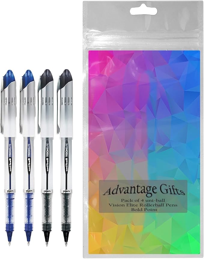 Vision Elite Rollerball Pens, Bold Point (0.8mm), Black/Blue Ink, 4 count, Bundle with Plastic Reusable Pouch