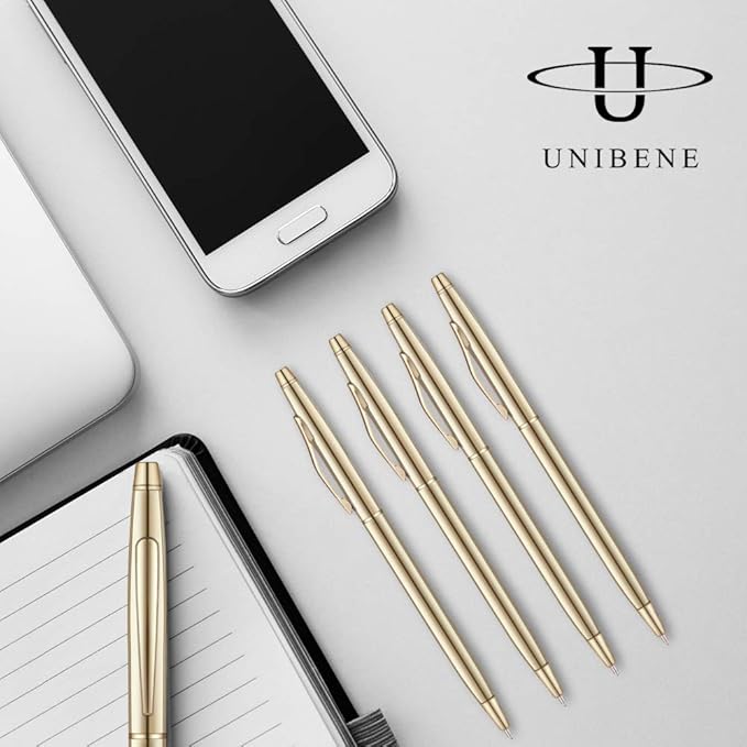 Unibene 12 Pack Slim Gold Ballpoint Pens Black Ink 1 mm - Black ink, Nice Gift for Business Office Students Teachers Wedding Guest