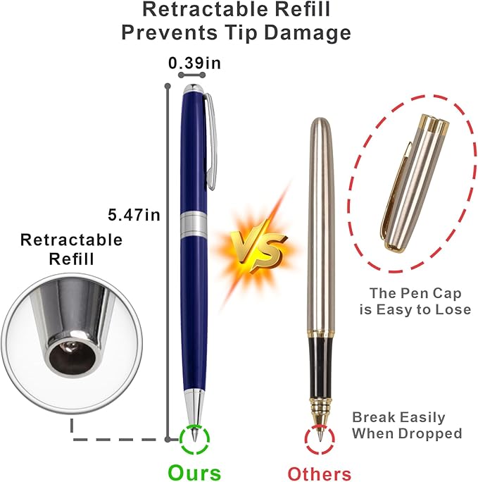 Cambond Ballpoint Pens Black Ink - Metal Pen Office Professional Pens for Gift Business Men Police Flight Attendants 1.0 mm Medium Point, 3 Pens with 3 Extra Refills (Blue)