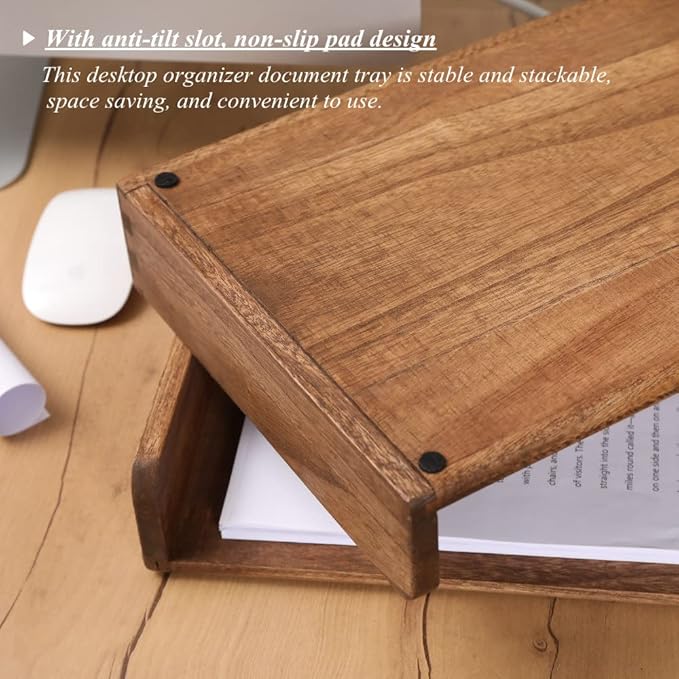 Desktop File Trays Stackable Paper Tray for Letter/A4 Size Magazine - Wood Office Document Organizer Shelf - Wooden Folder Organization Rack Desk Tray Pack of 2 Dark(2CTP-DK)