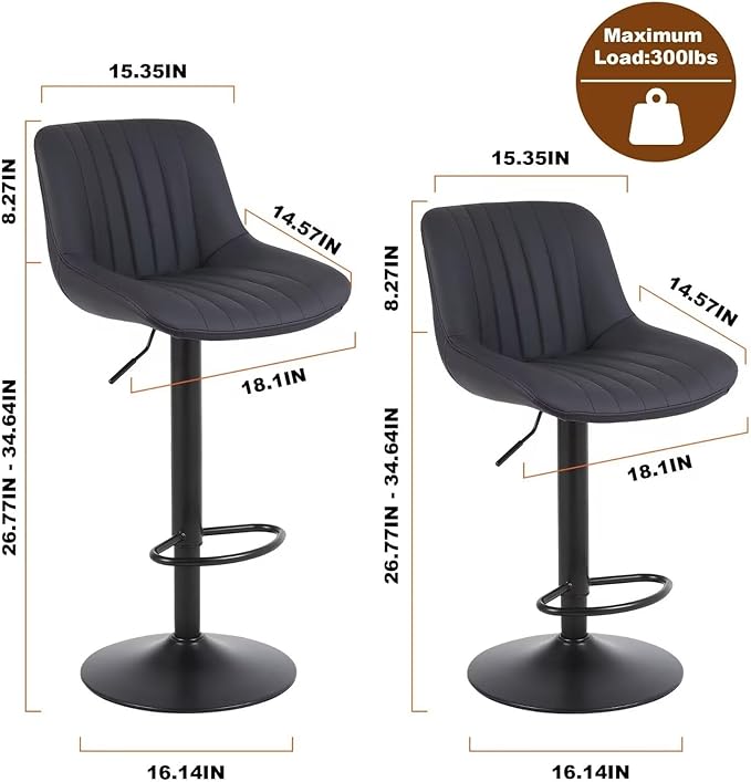 Bar Stools Set of 4, Swivel Counter Height Barstools with Back, Adjustable PU Leather Bar Chairs, Modern Armless Kitchen Island Stool, Black