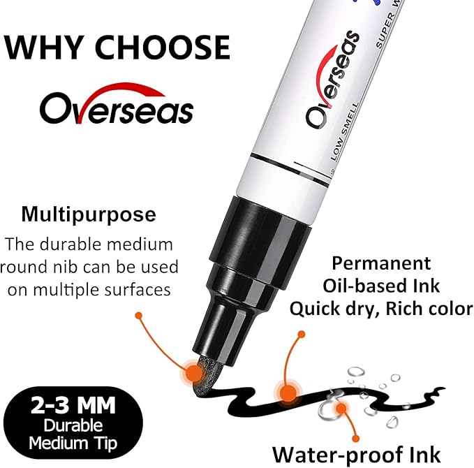 Overseas Permanent Paint Markers Pens - 3 Pack Red Oil Based Paint Pens, Medium Tip, Quick Drying and Waterproof Marker Pen for Metal, Rock, Wood, Fabric, Plastic, Canvas, Mugs, Stone, Glass