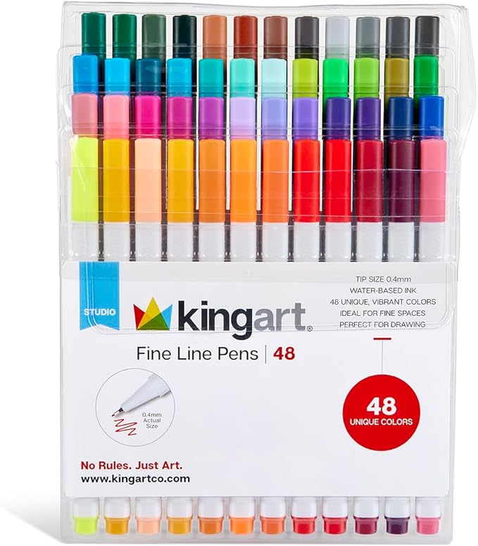 KINGART 418-48 FINE LINE PEN Marker Set, 48 Unique Colors, Size 04 mm Tip, Set of 48