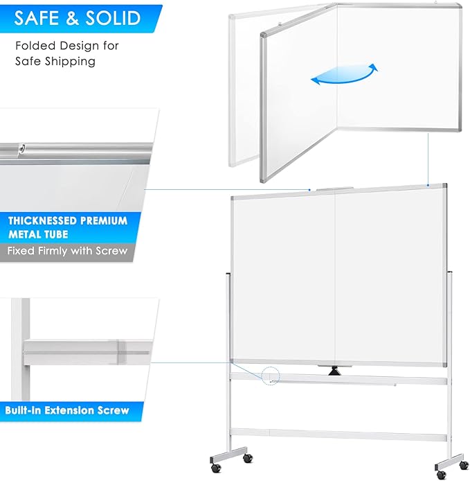 maxtek 60 x 48 Double Sided Rolling Whiteboard, Mobile Whiteboard Magnetic White Board - Large Reversible Dry Erase Board Easel Standing Board on Wheels with Stand (60 x 48)
