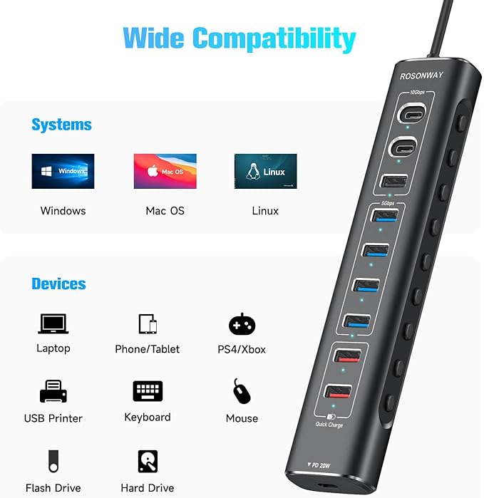 Rosonway 10-Port Powered USB 3.2/USB C Hub 60W with 3x10Gbps USB-3.2 Ports (2C + 1A), 4 USB 3.0 Data Ports, 1 USB-C PD and 2 USB-A Fast Charging Ports, Aluminum USB Splitter for Laptop/PC, RSH-A10QPD