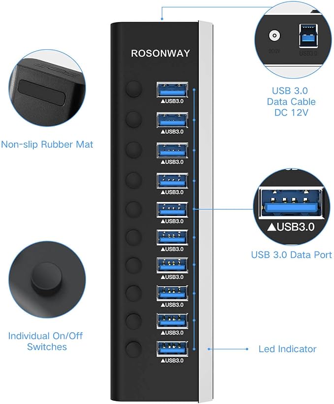 Powered USB Hub, Rosonway Aluminum 10 Port USB 3.0 Data Hub with 36W (12V/3A) Power Adapter and Individual On/Off Switches USB Splitter(RSH-A10)