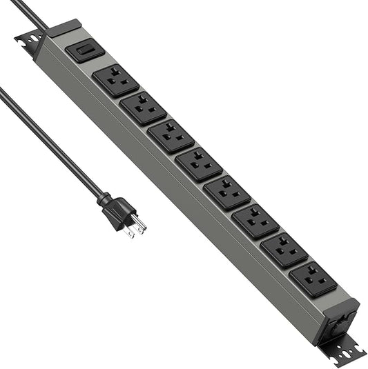 JUNNUJ Heavy Duty Power Strip Wall Mount, 20 Amp Surge Protector 1200J Metal 8 Outlet Under Desk Mounted 20A, Garage Power Bar Table Socket Industrial Outlets 6-20R T-Slot, 10FT 12AWG Extension Cord