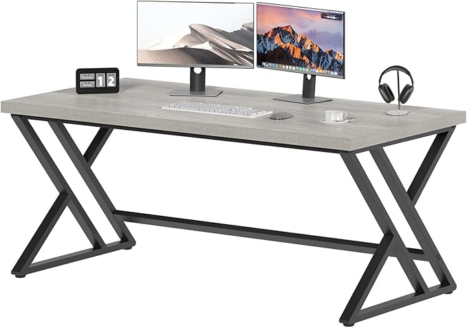 LVB Large Home Office Desk, Long Industrial Computer Desk, Metal Wood Writing Study Computer Table for Student, Big Modern Executive Simple Gaming Work Desk for Bedroom, Light Grey, 60 Inch