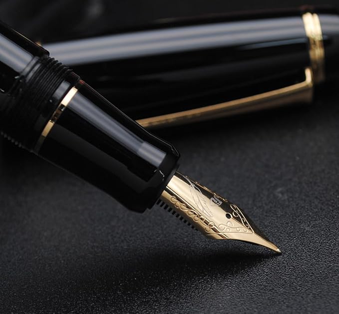 Metal Big Fountain Pen, Medium Nib 0.7mm, Includes Ink Converter & 5 Cartridges, Glossy Piano Painted Finish (Black)