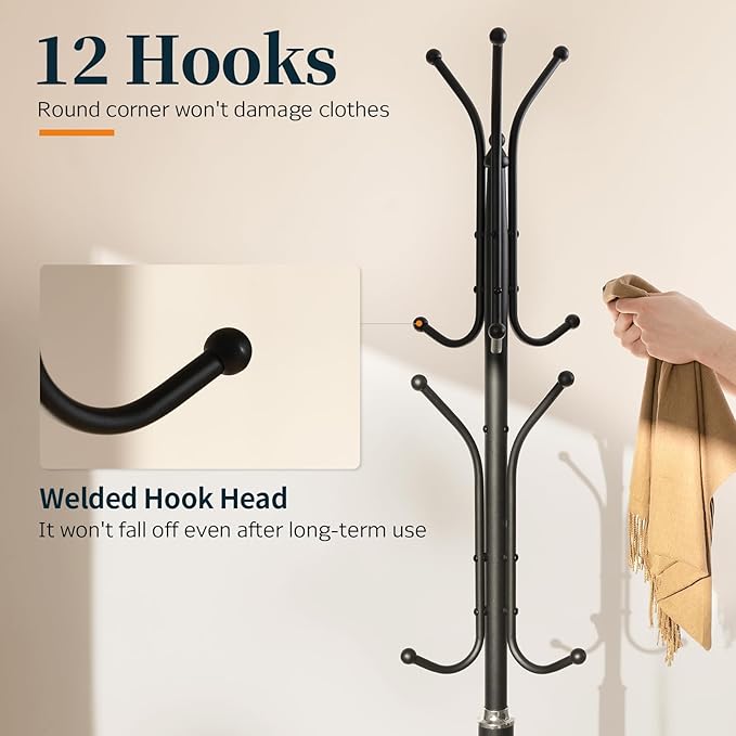 Yoobure Metal Coat Rack Freestanding with Marble Base, Coat Tree with 12 Hooks & Umbrella Holder, Coat Hanger Stand for Corner Entryway Bedroom Office, Heavy Duty Coat Rack Stand for Clothes Hats Bags