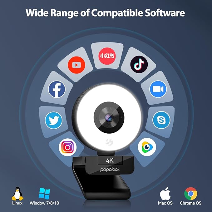 papalook 4K Autofocus Webcam with Light, UHD Web Camera with Remote Control and Dual Noise-Cancelling Mics, Plug and Play USB Webcams for PC Laptop Zoom Skype Teams Google Meet