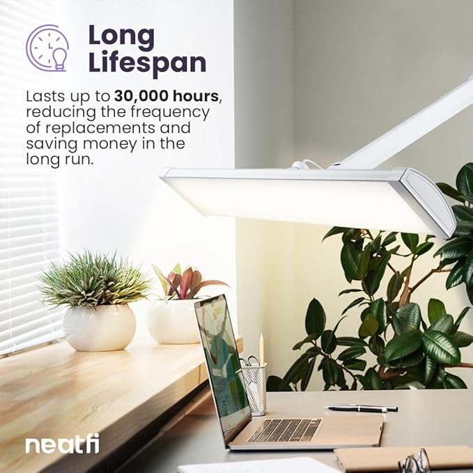 Neatfi Ultra 3,500 Lumen LED Desk Lamp, Color Correlated Temperature, 3 Light Modes, Dimmable, 45W, 26 Inch Wide Metal Shade, 540 SMD LEDs (CCT with Clamp, White)