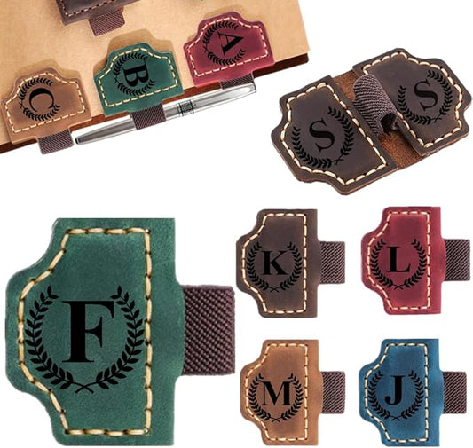 Custom Bookmark with Pen Holder with 26 Letters Personalized Magnetic Leather Book Mark, Customized Name Book Marker Clip with Initial for Men Women, Gifts for Book Lovers, Readers, (Green, F)