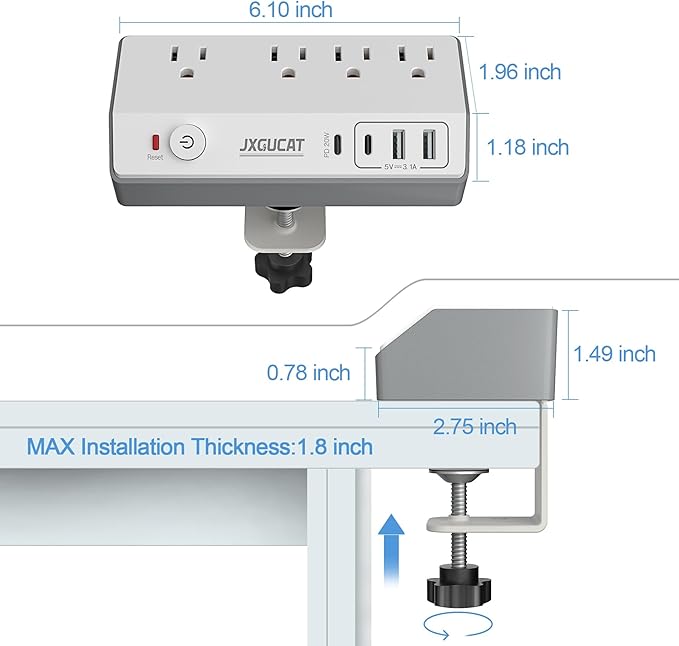 Desk Clamp Power Strip with USB C, JXGUCAT PD 20W Fast Charging Power Station, Removable Desk Clamp Mount Power Strip Surge Protector, 10 ft Cord with 4 Outlet 4 USB Ports, Fit 1.8" Tabletop Edge