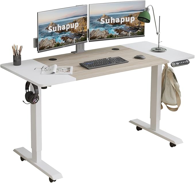 Electric Height Adjustable Standing Desk, 55 x 24 inches Sit - Stand Desk for Work or Home Office Push Button Memory Settings Oak+White Splice Board/White Frame